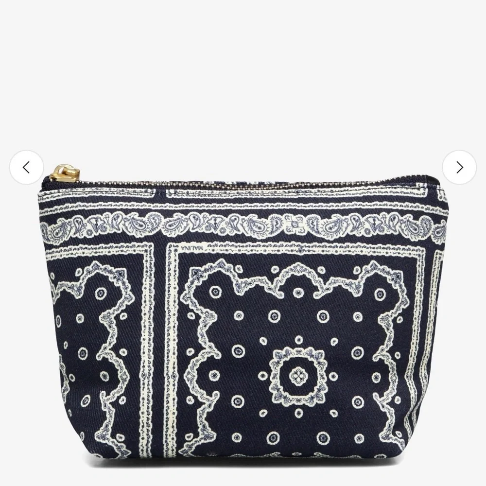 Malina Navy Bandana Print Cosmetic Pouch with Leather Logo